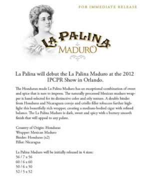 Press Release: La Palina will debut the La Palina Maduro at the 2012 IPCPR Show in Orlando