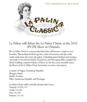 Press Release: La Palina will debut the La Palina Classic at the 2012 IPCPR Show in Orlando